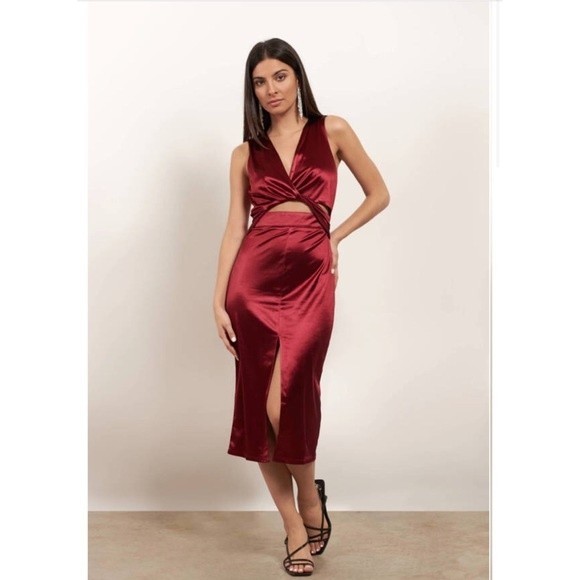 Lush Satin Cutout Burgundy Cocktail MIDI Dress - Picture 1 of 10